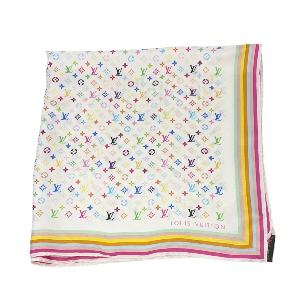 Authentic Louis Vuitton White Multicolor Monogram Silk Square Scarf
